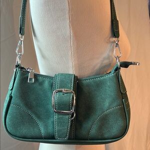 Stylish Green Suede Shoulder Bag with Silver Hardware